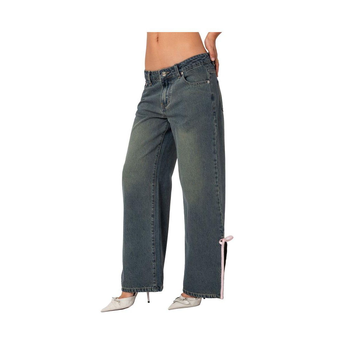 Edikted Women's Bow slitted vitange washed jeans - Blue-washed