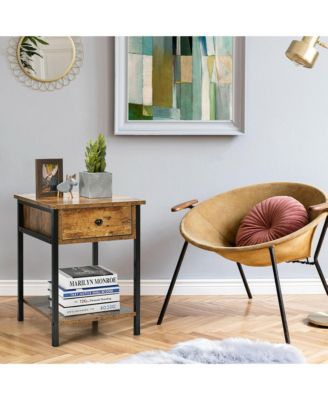 2-Piece Engineered Wood Adjustable Foot Pads, Drawer & Open Shelf Industrial End Side Table Nightstand