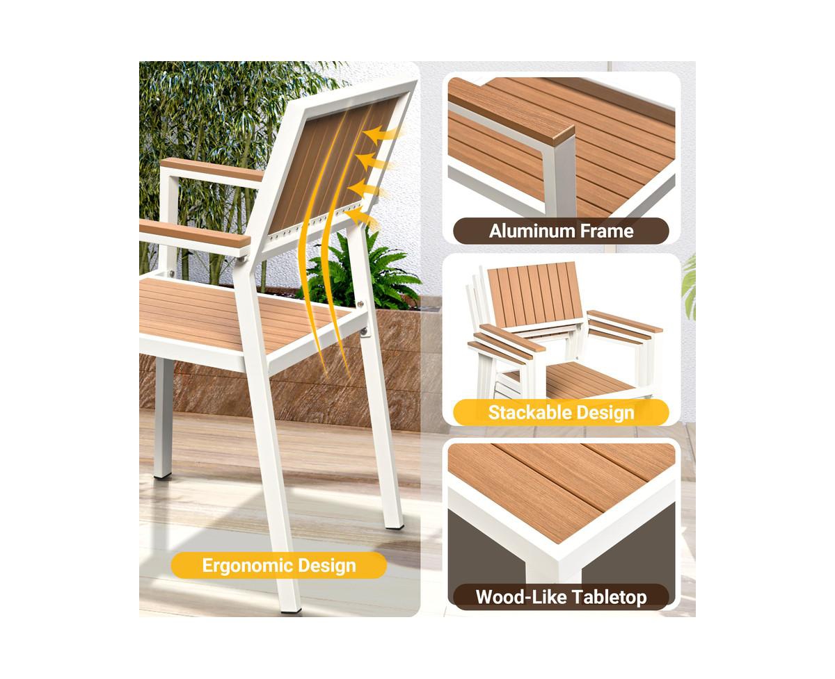 Pamapic 8-Piece Aluminum Teak Outdoor Patio Dining Set with Rectangle Table, Small Side Table and 6-Stackable Chairs - Yellow  White