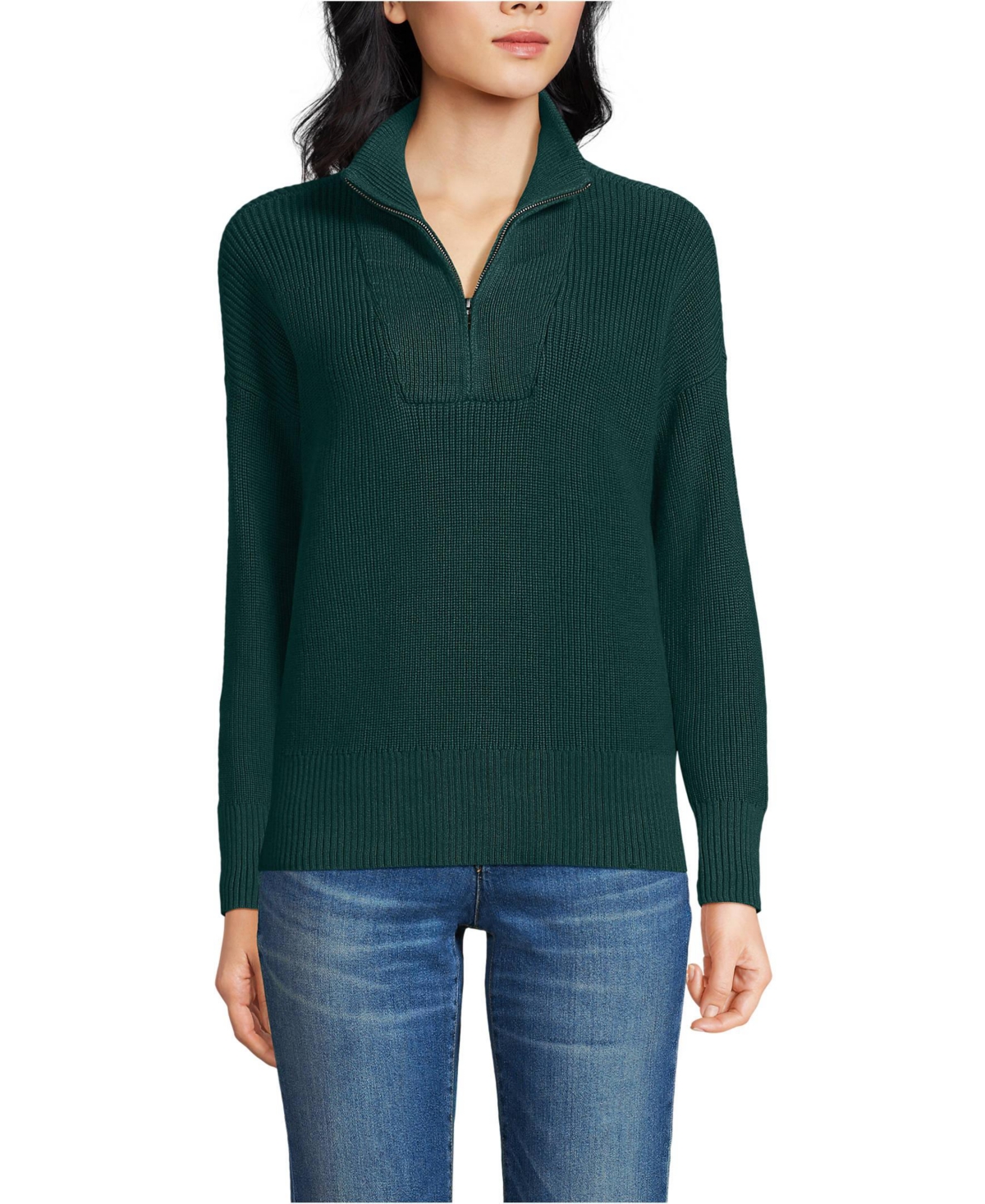 Lands' End Petite Drifter Cotton Quarter Zip Pullover Sweater