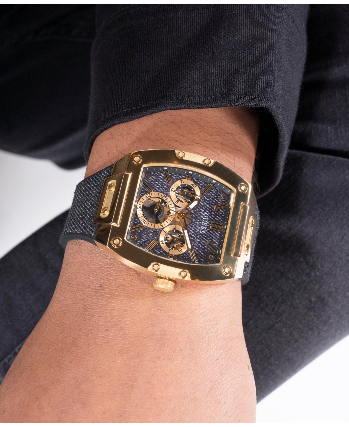 Guess Men's Multi-function Black Denim Or Silicone Watch 42mm In Black