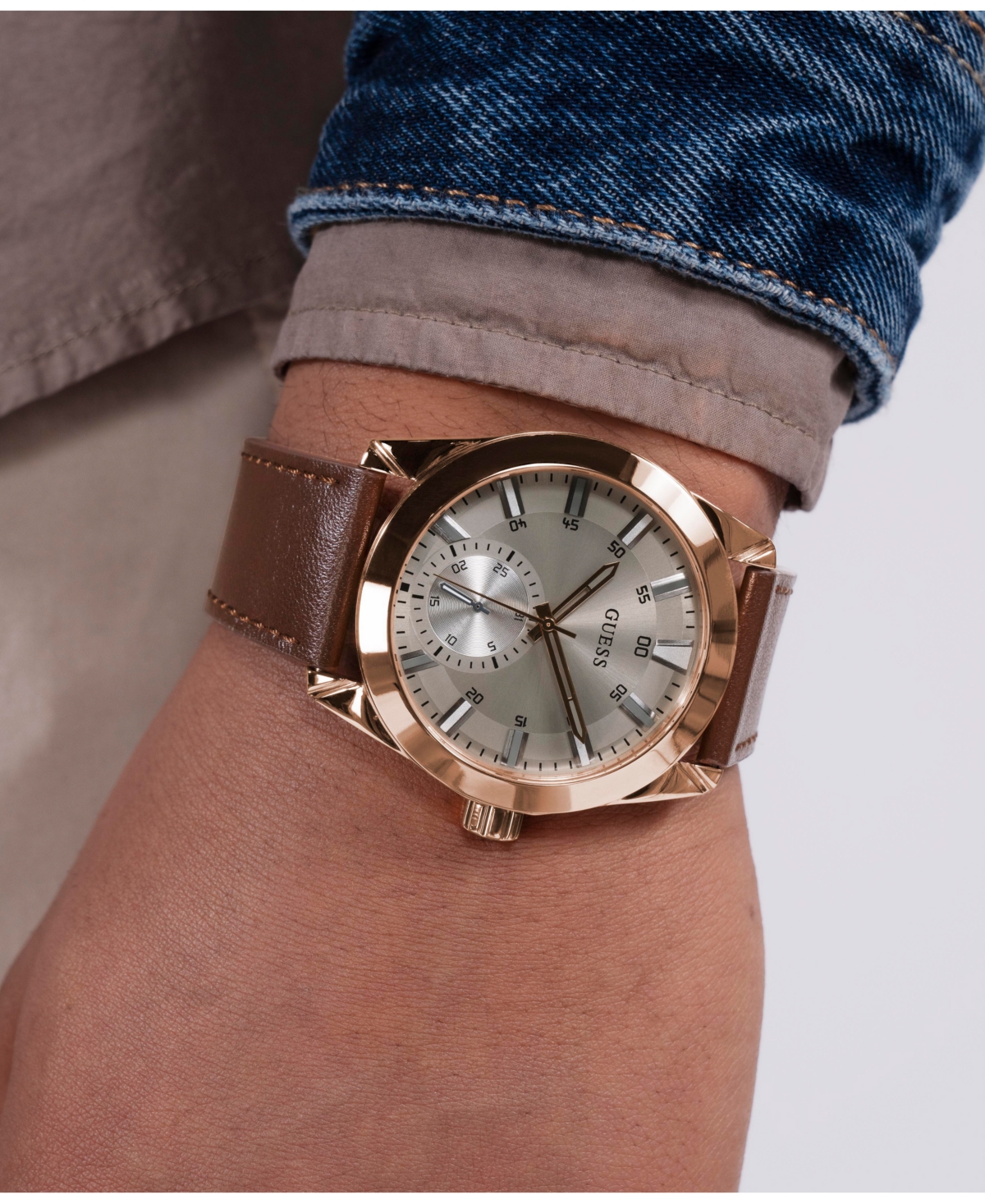 Guess Men's Multi- Function Brown Genuine Leather Watch 44mm In Brown