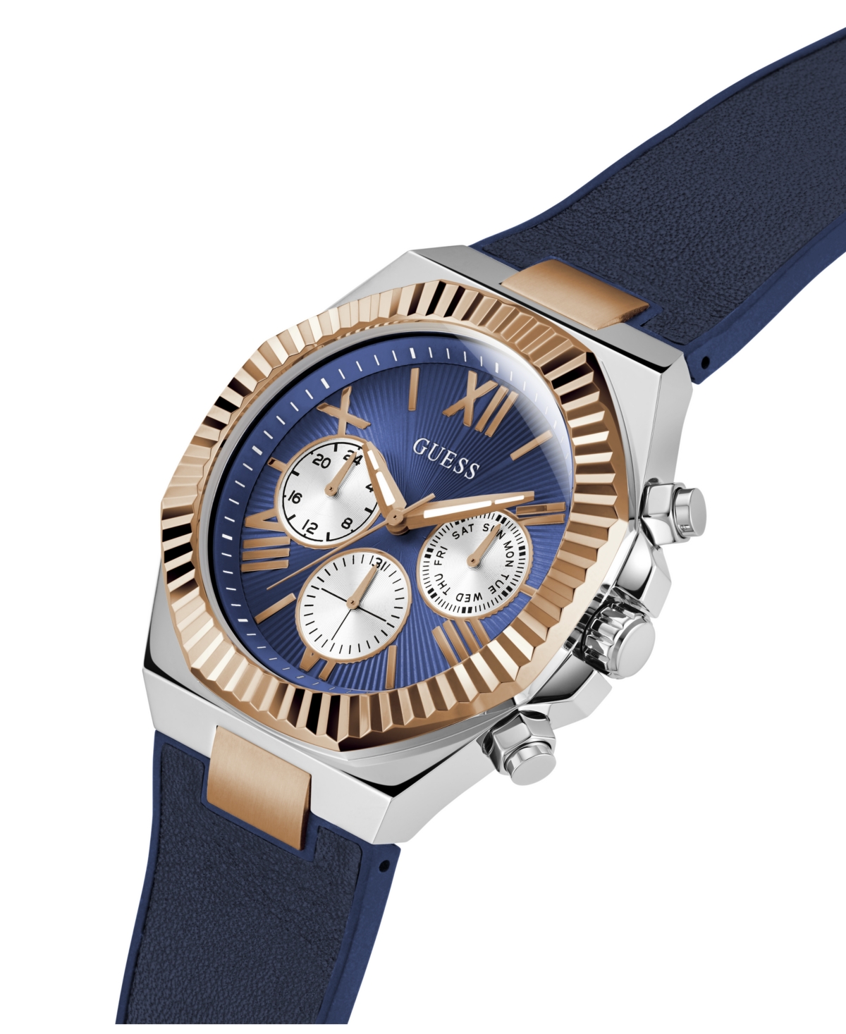 Guess Men's Multi-function Blue Genuine Leather Or Silicone Watch 44mm In Blue