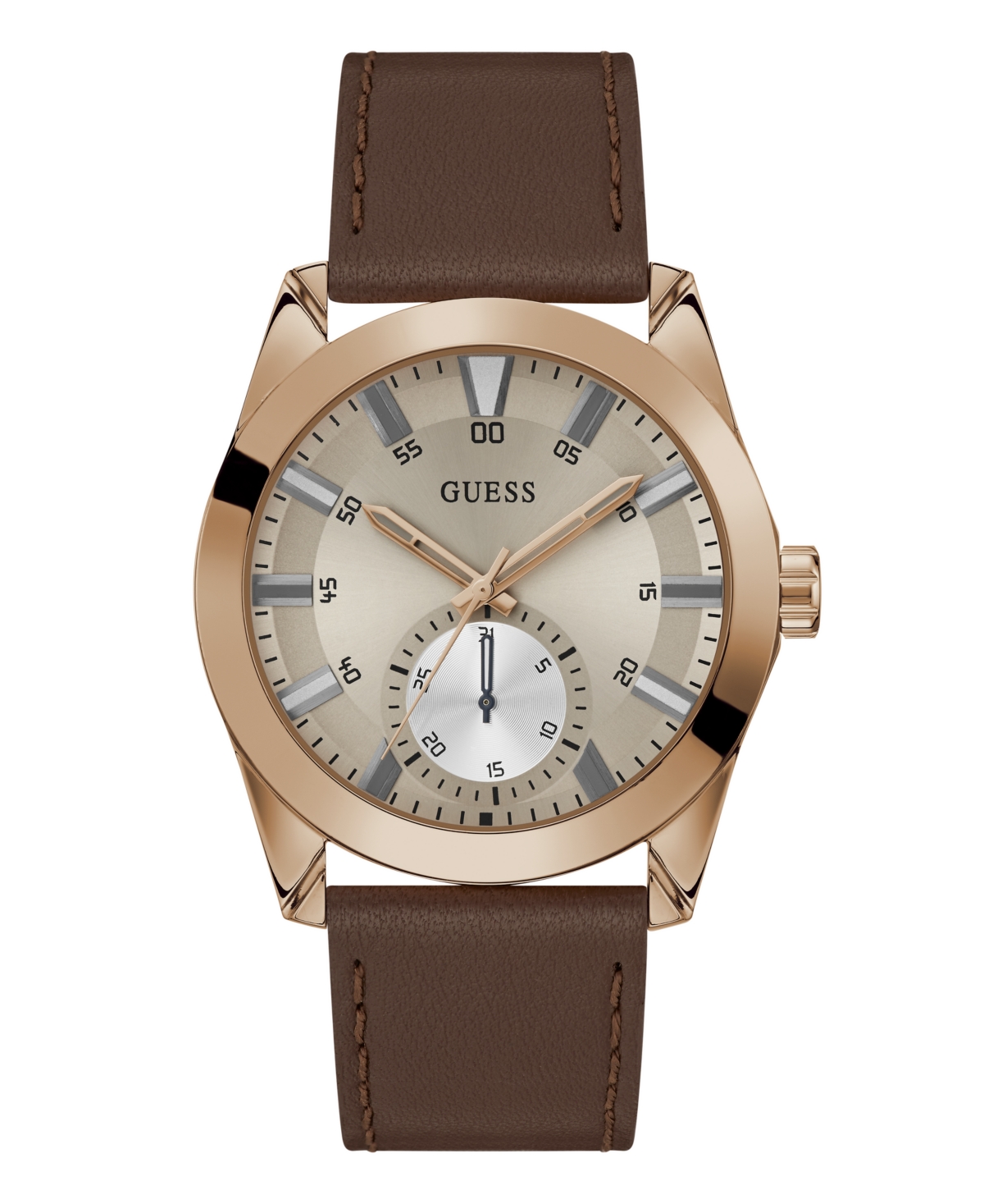 Guess Men's Multi- Function Brown Genuine Leather Watch 44mm In Brown