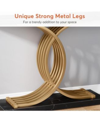 Gold Entryway Table, Modern 39-Inch Console/Accent Table with Geometric Metal Legs, Faux Marble Narrow Wood Sofa Table, Foyer Table for Entrance, Living Room