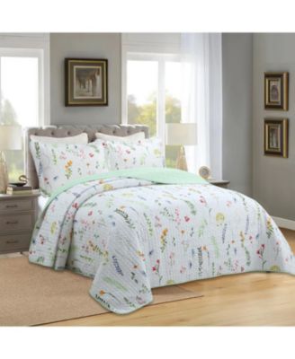 3 Piece Printed Floral Quilt Set Lightweight Bedspread Set Queen