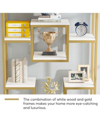 71" Gold Bookshelves Set of 2, 11-Tier Large Tall Open Display Bookshelf, Geometric Cubed Etagere Bookcase, Modern Book Shelf, Gold & White