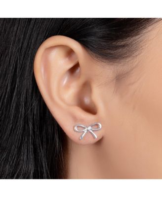 Delicate Simple Dainty Ribbon Birthday Present Bow Stud Earrings Rose Gold Plated .925 Sterling Silver