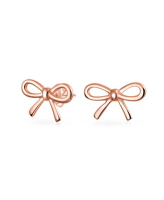 Delicate Simple Dainty Ribbon Birthday Present Bow Stud Earrings Rose Gold Plated .925 Sterling Silver
