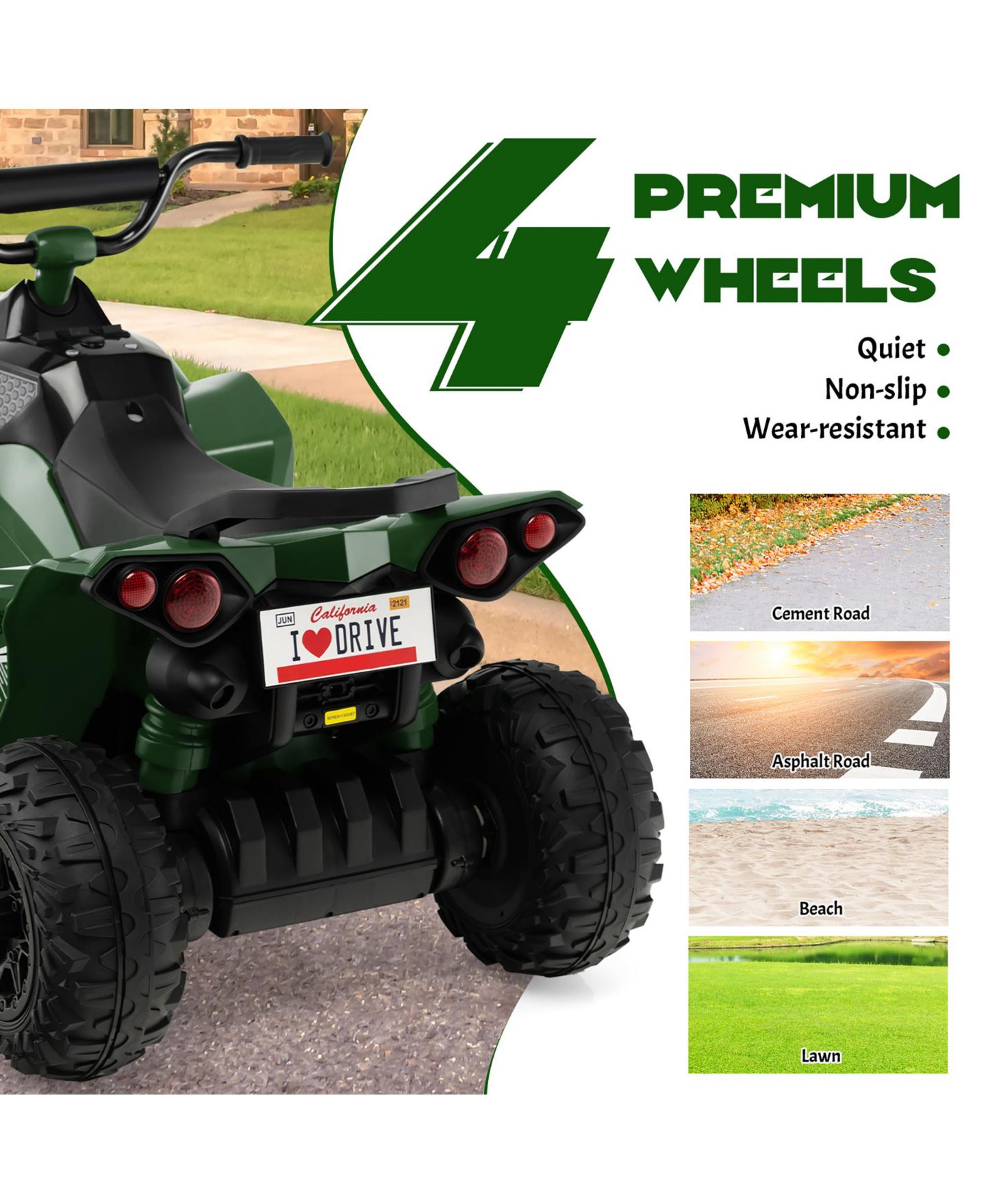Детская игрушка Costway 12V Battery-Powered Electric 4-Wheeler Quad Ride-On ATV with MP3 & LED Headlights, 77 lbs, Ages 3-8, цвет: Зелёный — фото 6