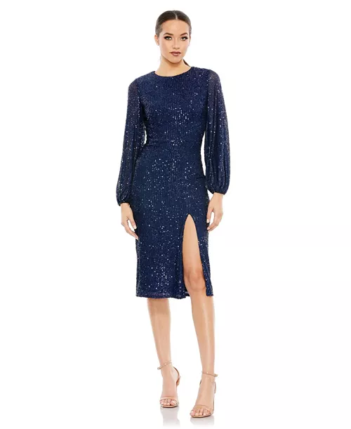 women's sequined puff sleeve high neck dress