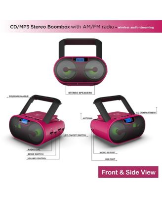 Radio MP3 CD Boom Box Aux Phone Jack Bluetooth USB/SD Remote Control, Pink