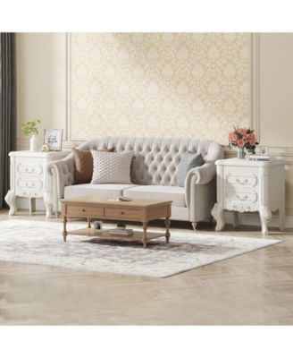 White Nightstand Set of 2: Classic End Tables with 2 Drawers & Carved Design – Ideal for Bedroom or Living Room