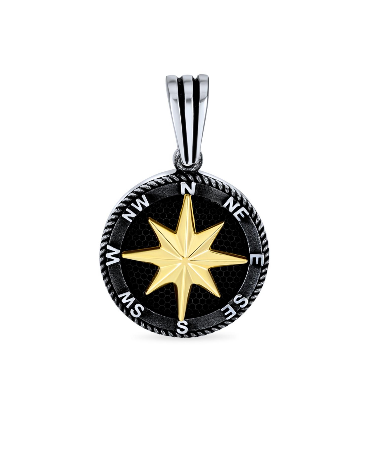 Bling Jewelry Unisex Explorer Travel Viking Disc Medallion Inspirational North Star Rose Compass Pendant Necklace For Men For Women Black Plated Two T