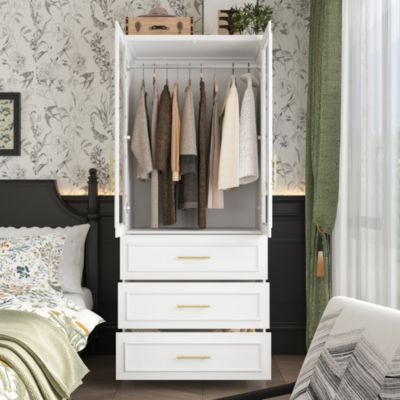 White 2-door 3-drawer wardrobe with tempered glass, bedroom Armoire, wooden Closet
