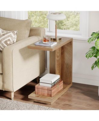 C-Shaped Side Table, 2-Tier Narrow End Table with Sturdy Pedestal, Wood Bedside Table Nightstand, Industrial Sofa End Table, Brown, 2PCS