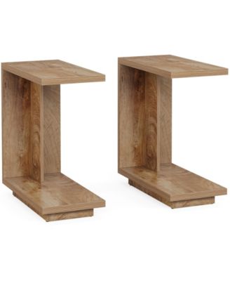 C-Shaped Side Table, 2-Tier Narrow End Table with Sturdy Pedestal, Wood Bedside Table Nightstand, Industrial Sofa End Table, Brown, 2PCS