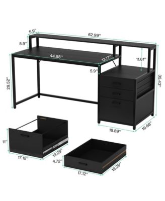 63 Inch Computer Desk with File Drawer Cabinet, Ergonomic Office Desk with Monitor Stand, Computer Table with Printer Space, Wood PC Table Workstation Desk for Home Office