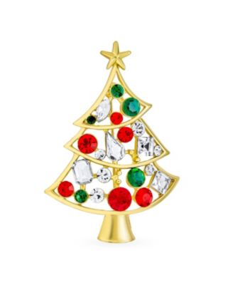 Set of 2 Large Colorful Crystal Christmas Tree and Bells Brooch Pin Gold Plated