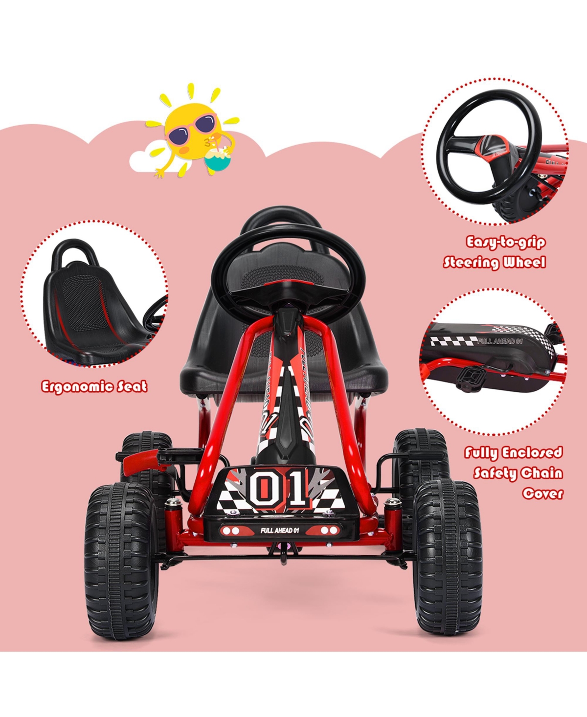 Gymax Kids Pedal Go Kart 4 Wheel Ride On Toys w/ Adjustable Seat & Handbrake Red