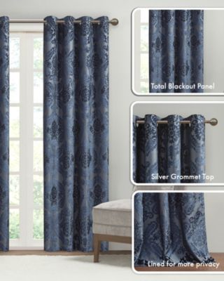 Amelia Knitted Jacquard Paisley Total Blackout Grommet Top Curtain Panel, Single Curtain with Privacy Lining for Bedroom and Living Room, Width 50 length 108 inches, Navy Window Panel