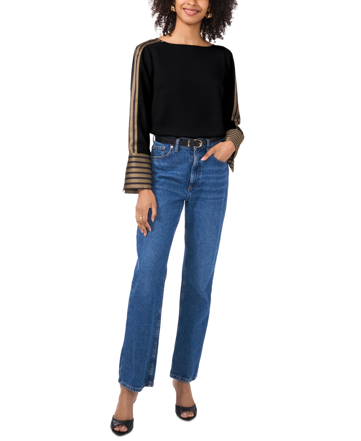 Vince Camuto Stripe Accent Boat Neck Top In Rich Black