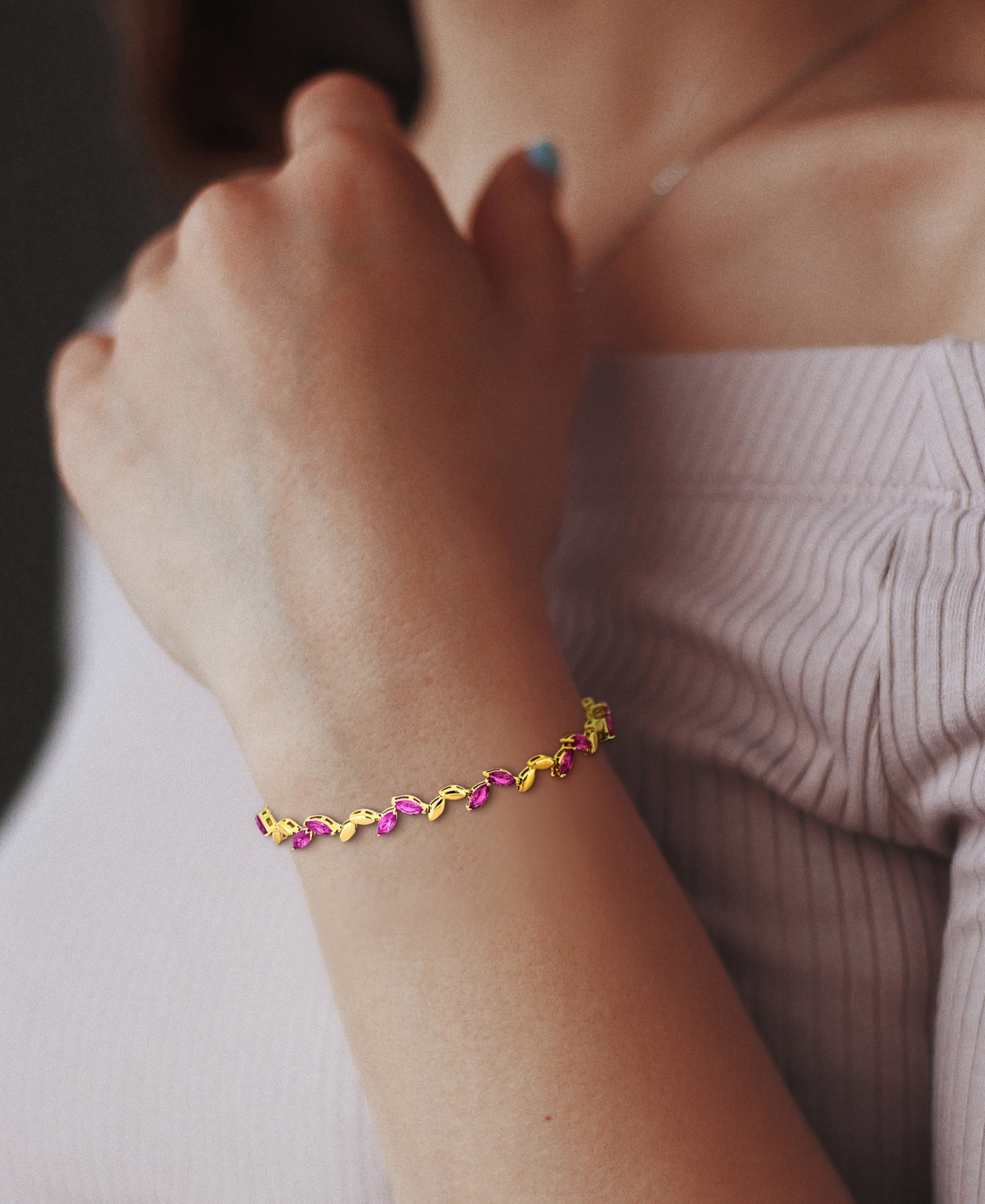 Macy's Lab-created Pink Sapphire & Polished Marquise Link Bracelet (9-1/2 Ct. T.w.) In Gold