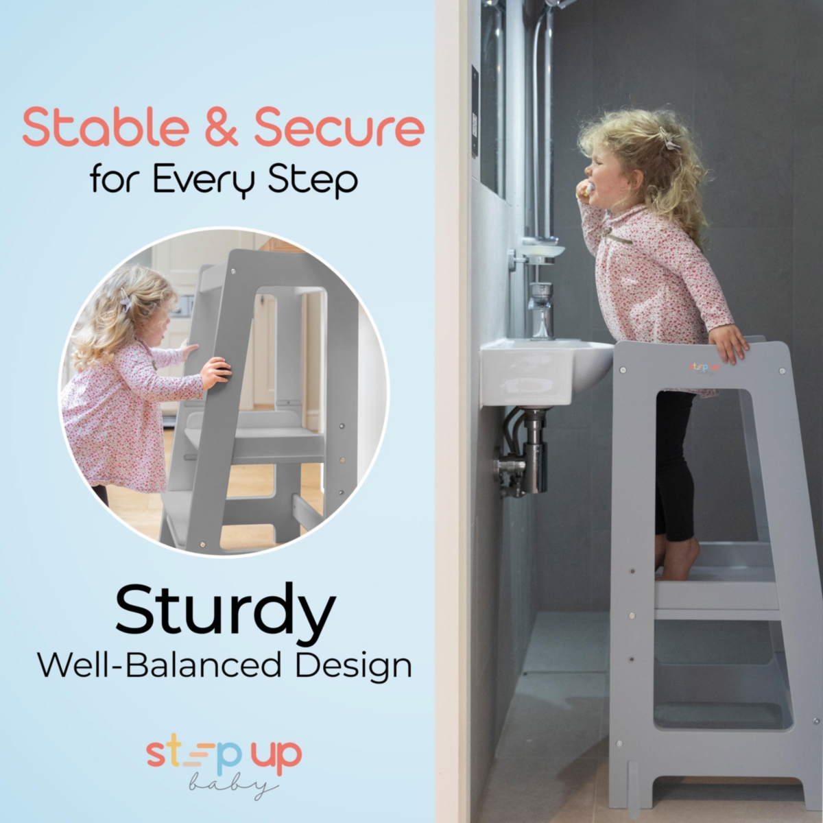 Stepup Baby Toddler Tower with Adjustable Step, White Montessori-Inspired Step Stool, Standing for Kids, Fits Under Kitchen Counters, Ad