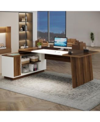 70.5-Inch Executive Office Desk: Modern L-Shaped Desk with File Cabinet and Storage Shelves, Large Wood Computer Desk, Walnut & White