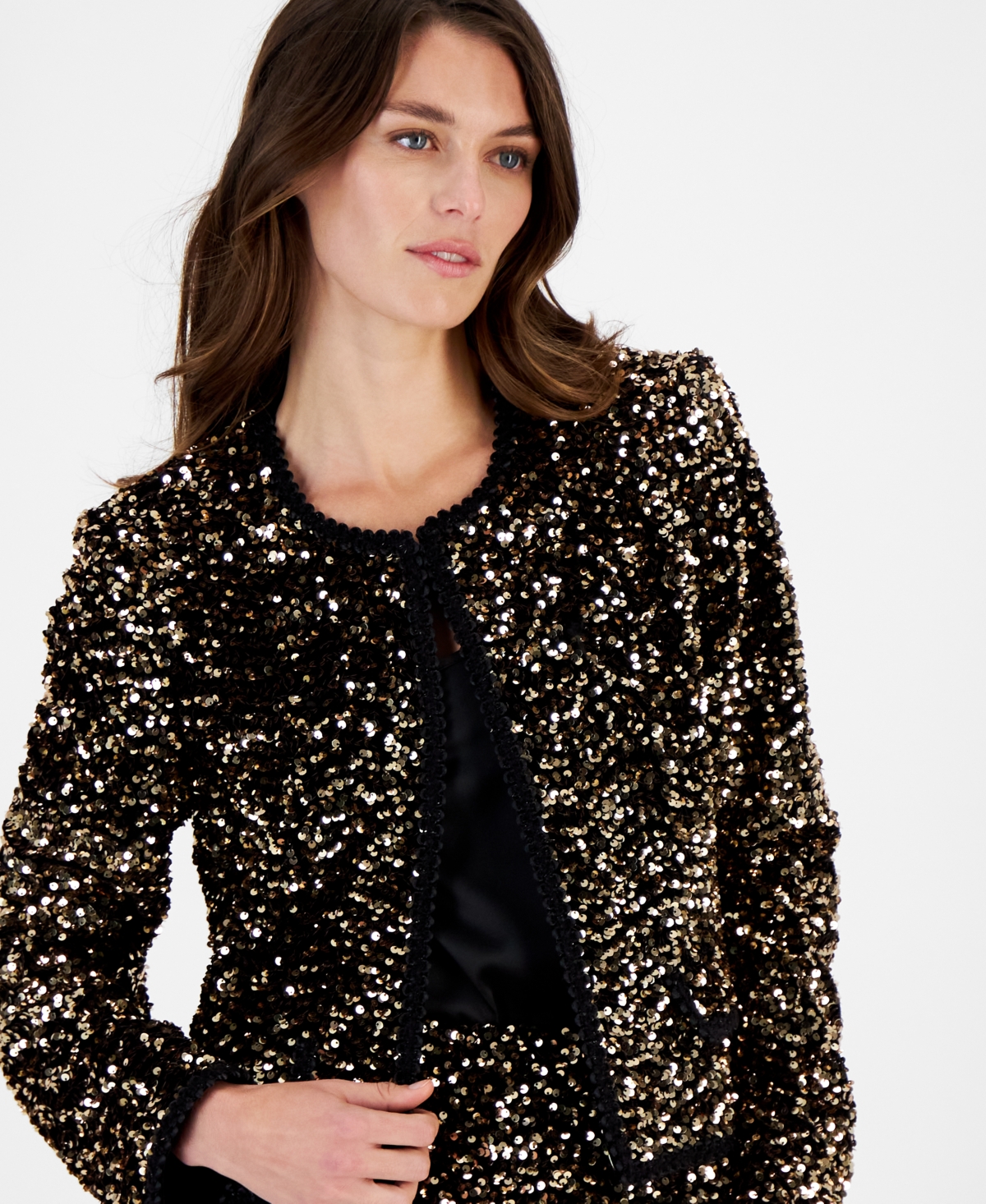 Shop Tahari Asl Women's Sequin Hook-and-eye Blazer In Gold,black