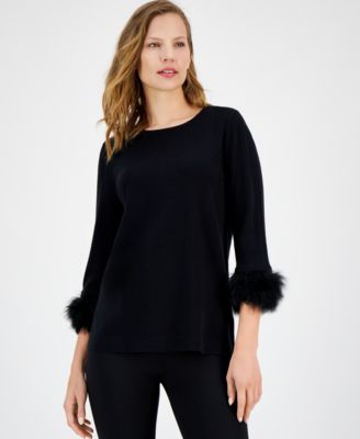 Women's Crewneck Feather-Trim-Cuff Sweater
