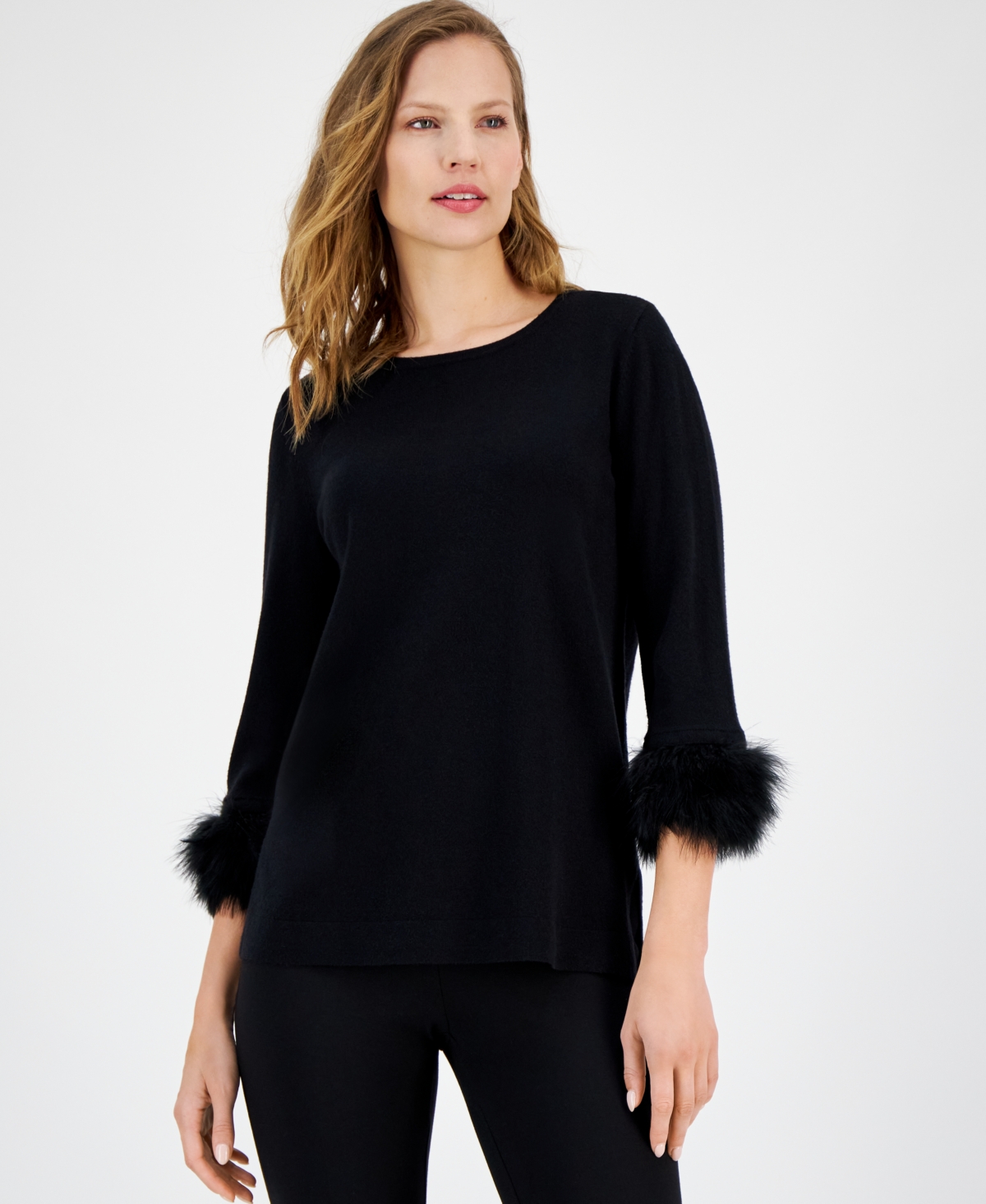 Anne Klein Women's Crewneck Feather-trim-cuff Sweater In Anne Black