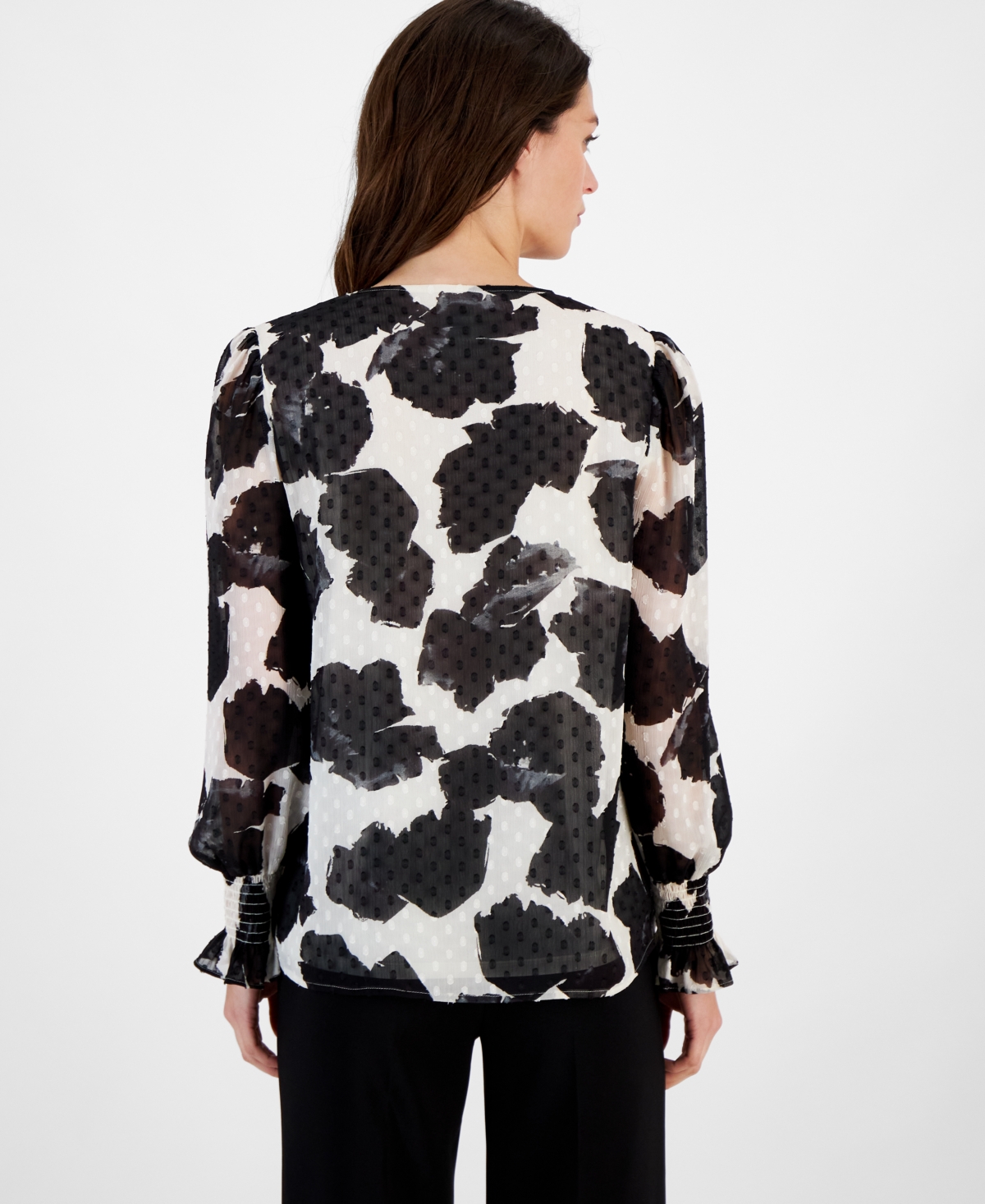 Anne Klein Women's Printed V-Neck Long-Sleeve Blouse -anne Black
