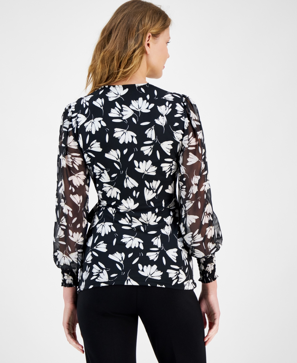 Anne Klein Women's Mixed Media Faux-Wrap Long-Sleeve Top -anne White