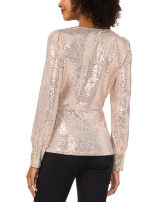 Women's Sequined Faux-Wrap Long-Sleeve Top