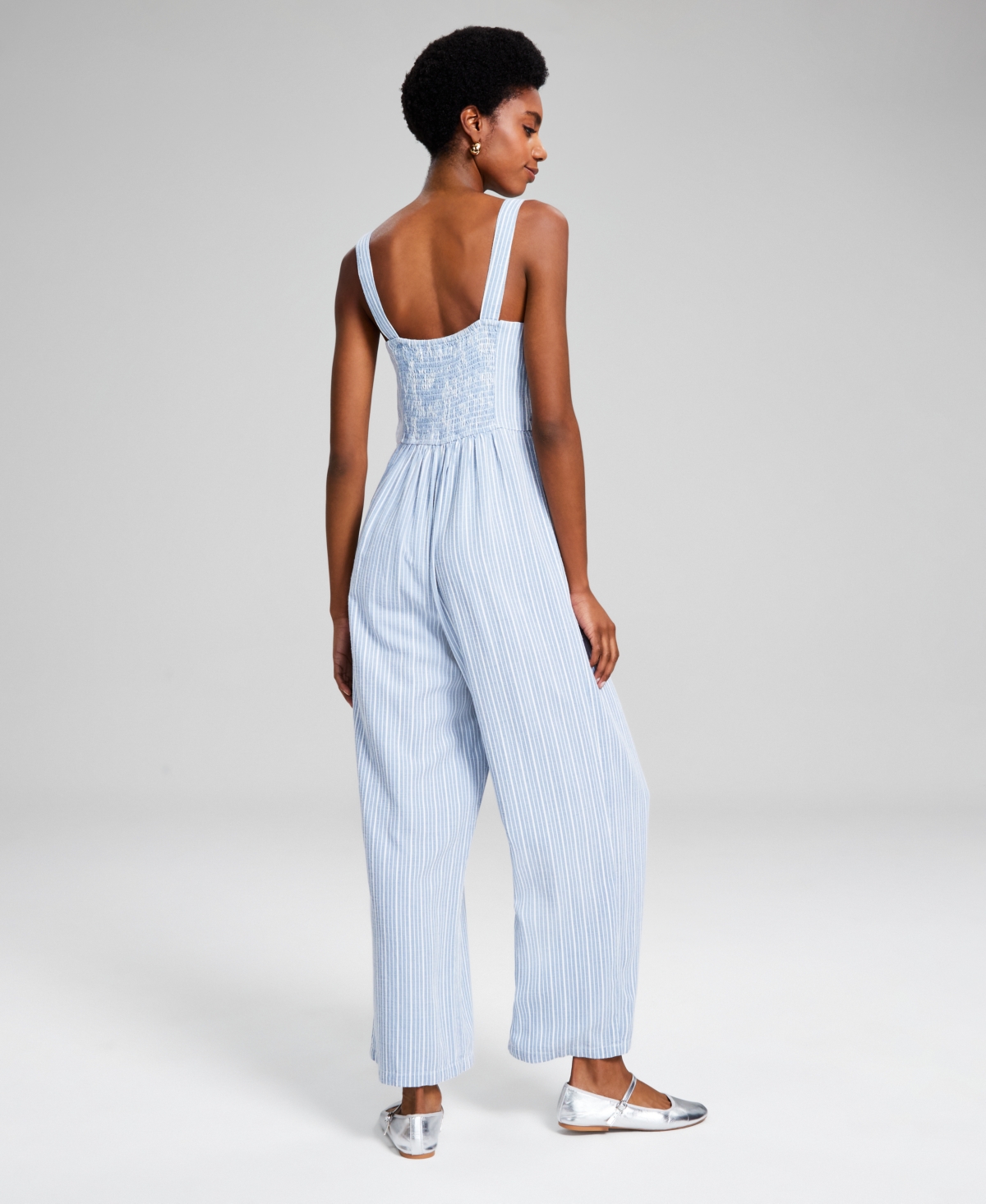 And Now This Women's Striped Button-Front Jumpsuit, Created for Macy's -white Stripe