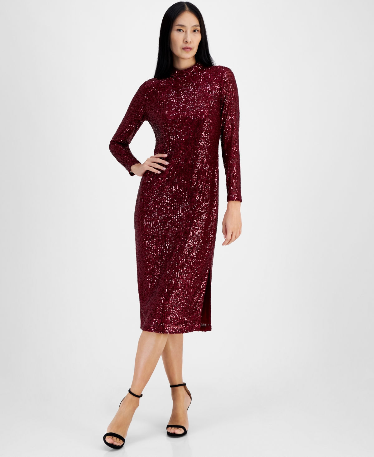 ANNE KLEIN WOMEN'S MOCK-NECK SEQUIN MIDI DRESS 