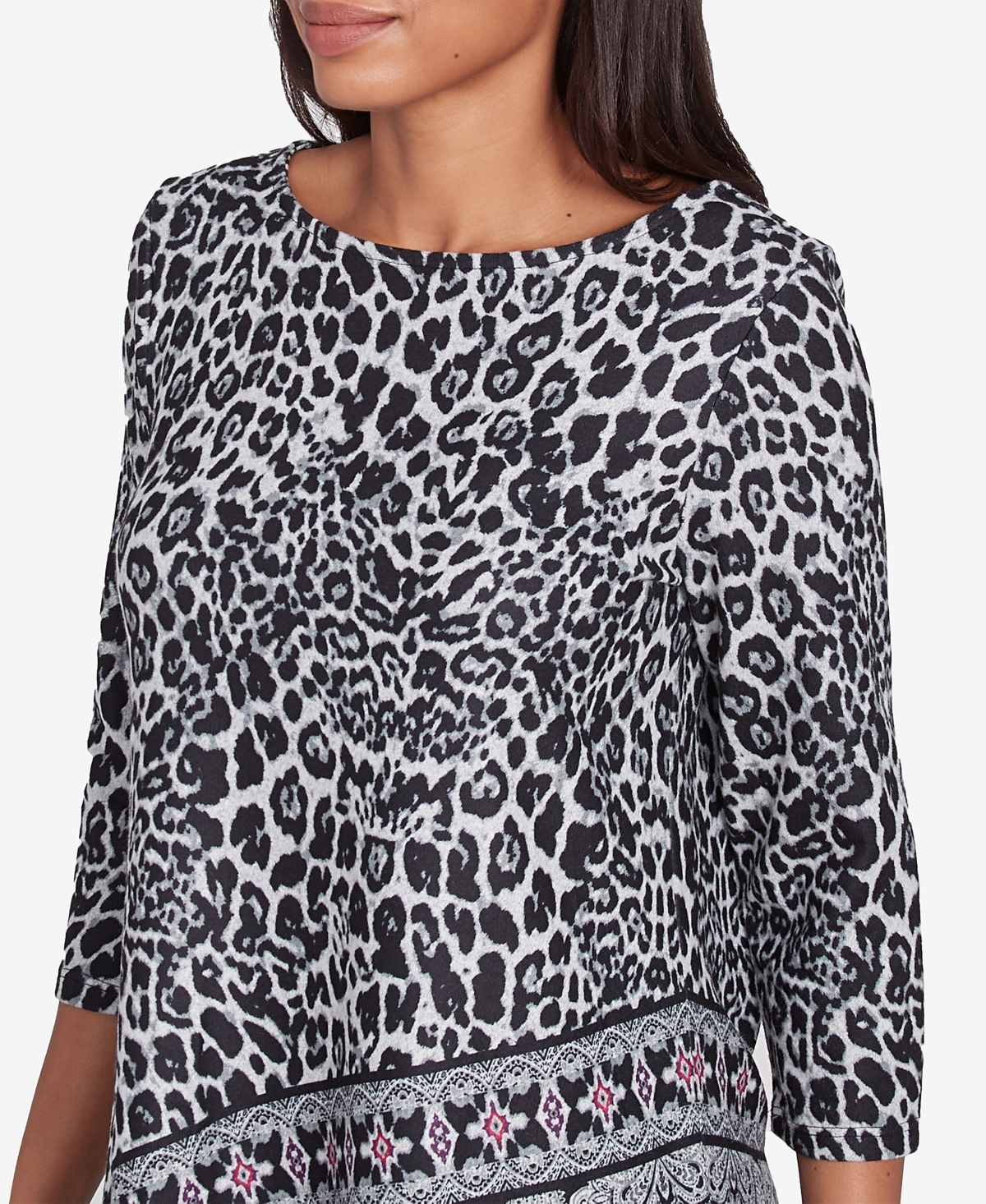 Ruby Rd. Petite Ballet Neck Animal Printed Hatchi Knit Top with Asymmetric Paisley Border Print Hem
