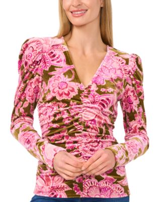 CeCe - Women's Velvet Floral-Print Ruched Top