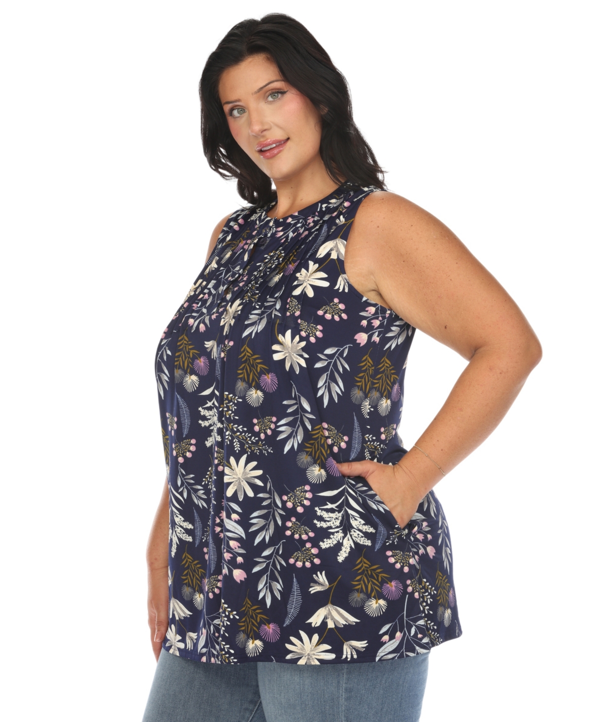White Mark Plus Size Floral Sleeveless Tunic Top In Navy