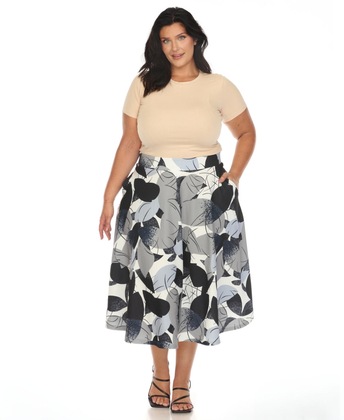 White Mark Plus Size Leaf Print Vintage Flared Midi Skirt In Navy