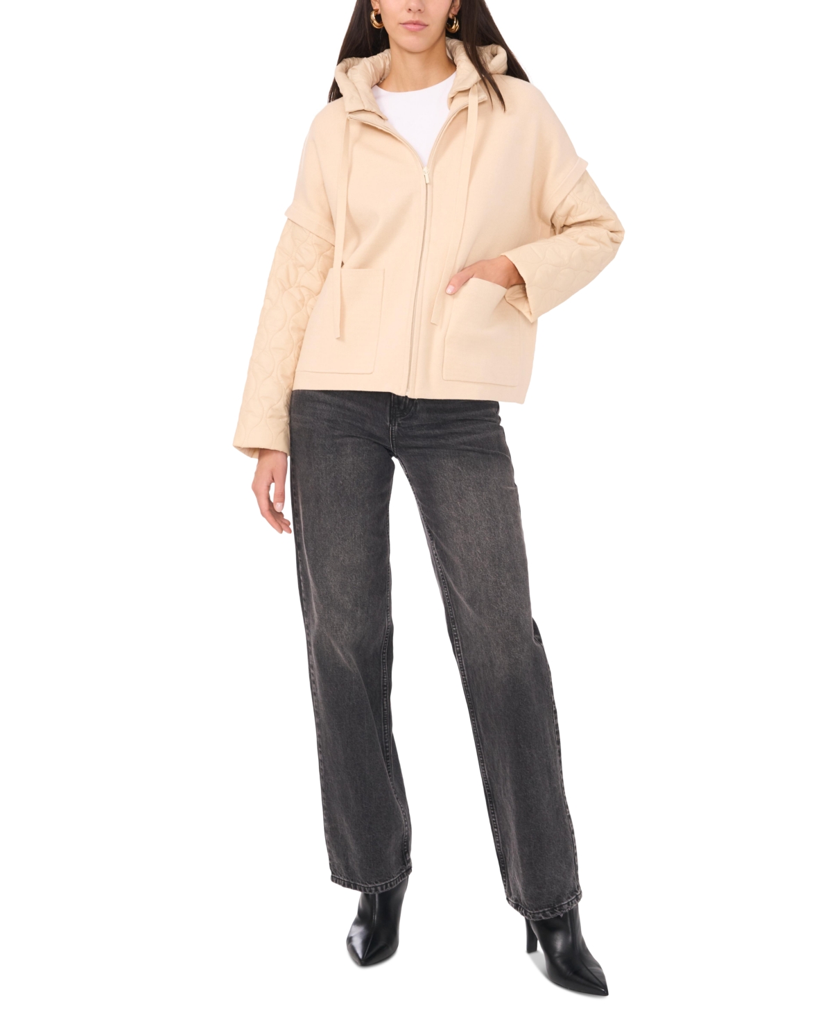 Shop Vince Camuto Women's Quilted-sleeve Mixed-media Jacket In Stone