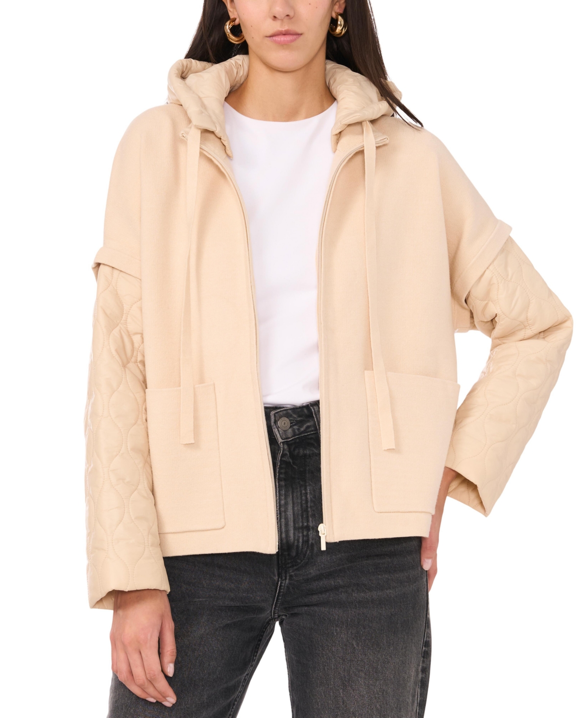 Shop Vince Camuto Women's Quilted-sleeve Mixed-media Jacket In Stone