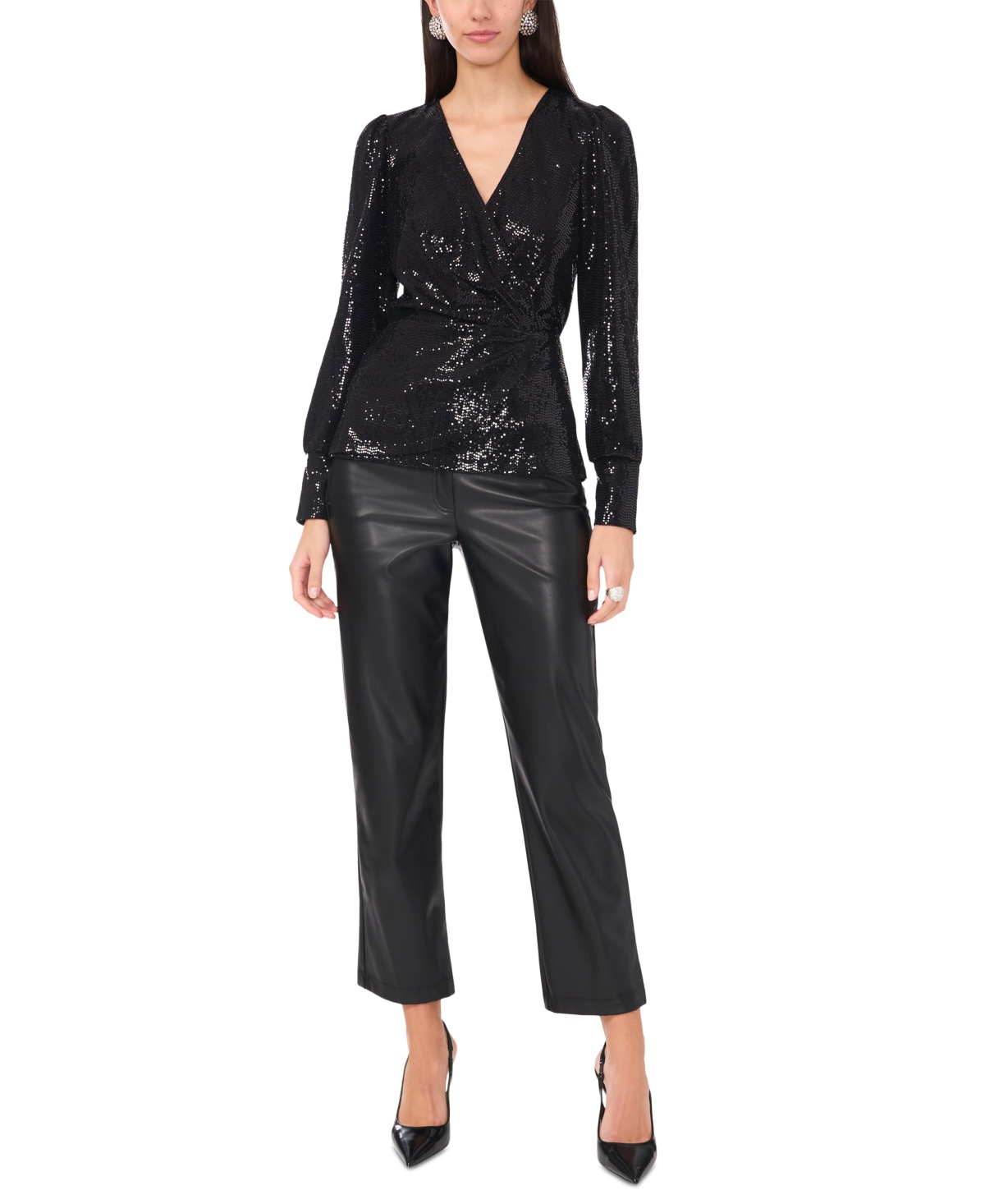 Vince Camuto Womens Metallic Nylon Wrap Top In Rich Black