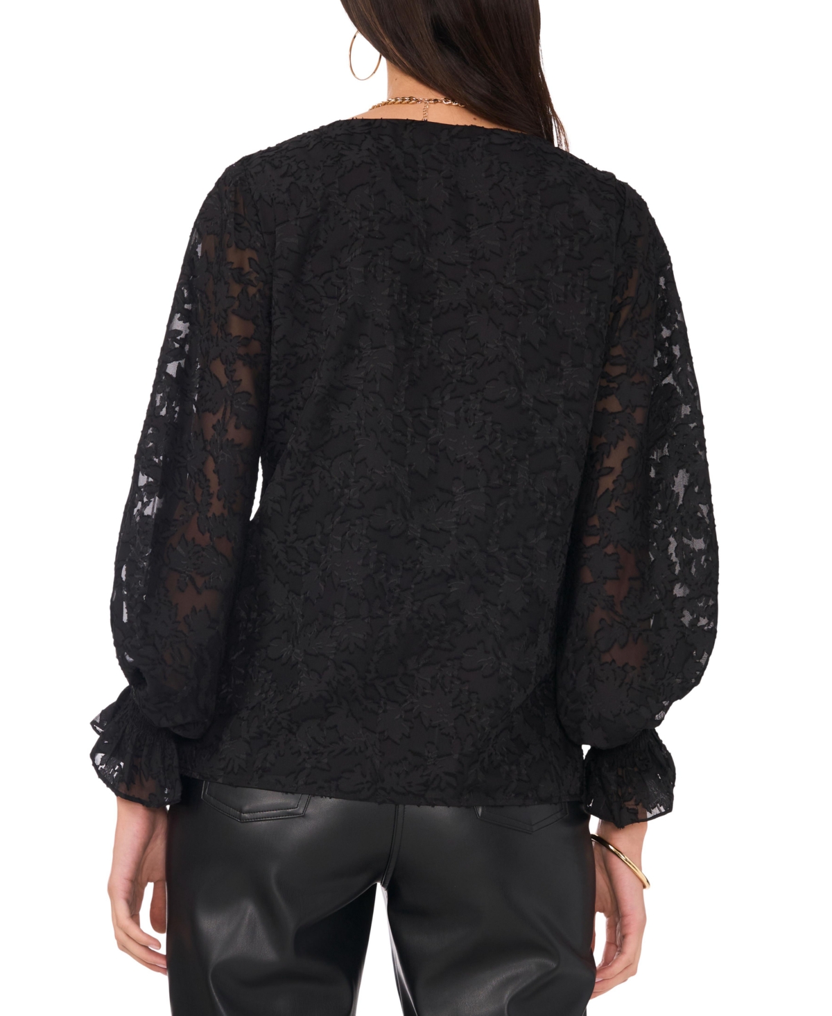 Vince Camuto Women's Jacquard V-neck Blouson-sleeve Top In Rich Black