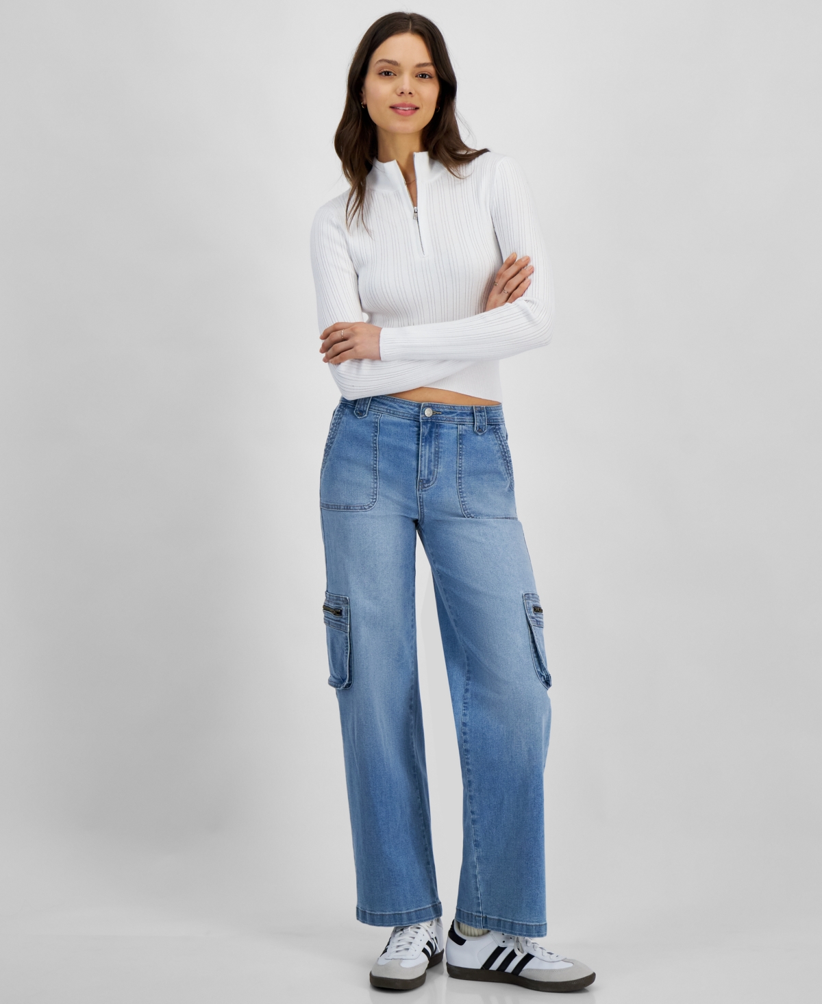 Juniors' Mid-Rise Wide-Leg Cargo Jeans - Dark