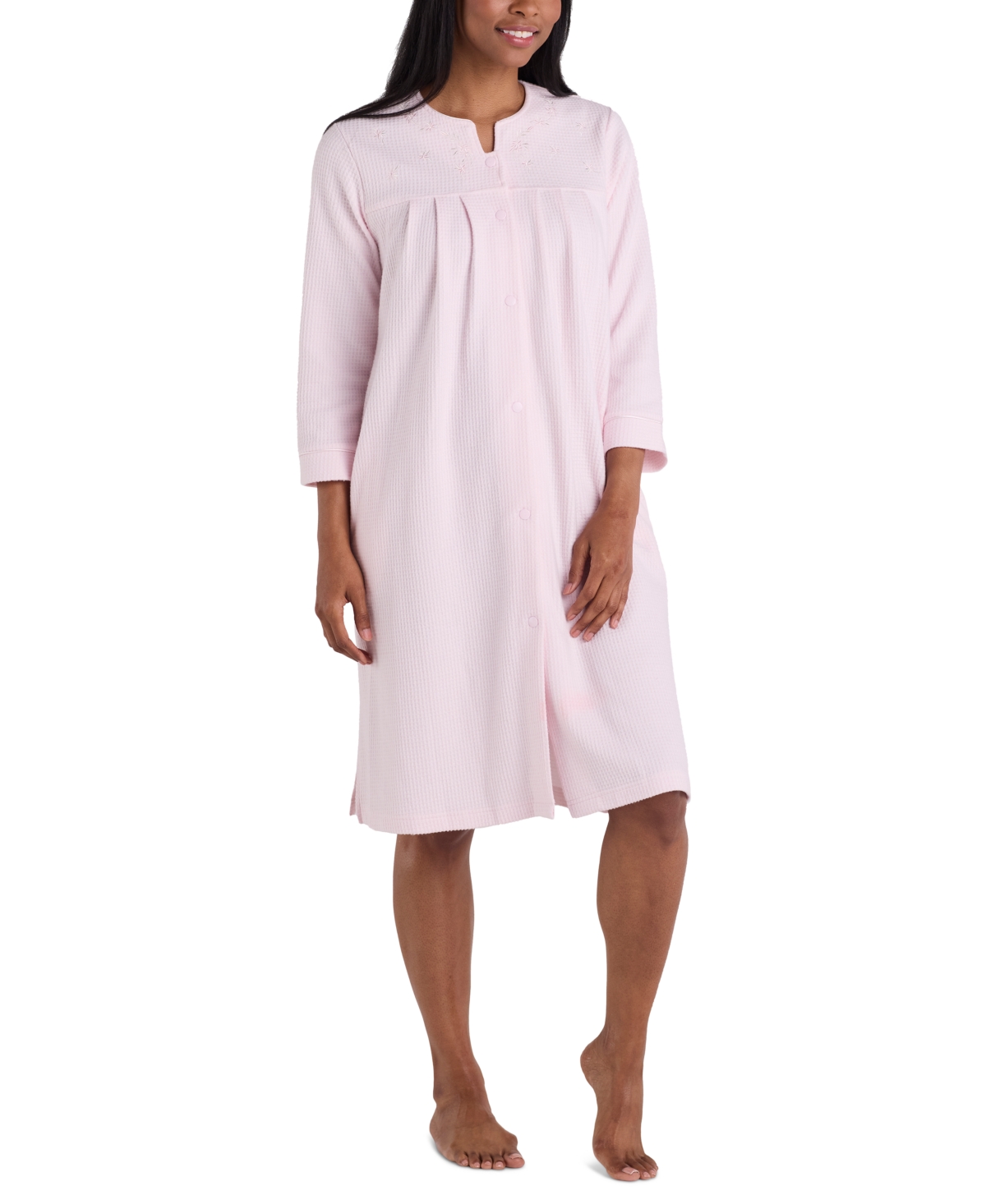 Miss Elaine Plus Size Embroidered Waffle-knit Grip Robe In Pink