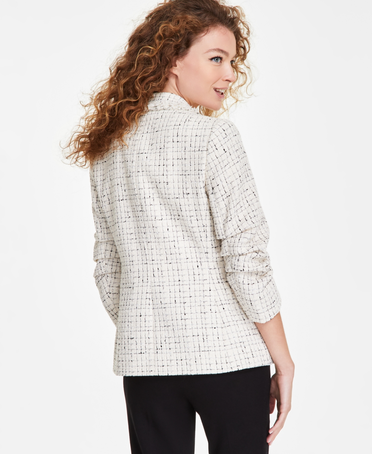 ANNE KLEIN WOMEN'S TWEED FRINGE SCRUNCH-SLEEVE BLAZER 