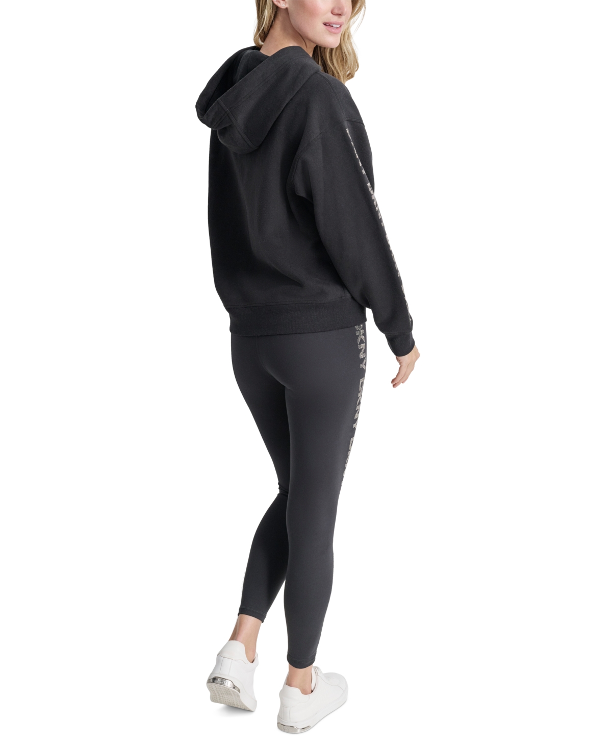 Dkny Sport Women's Rhinestone Logo Fleece Hoodie In Black,gunmetal