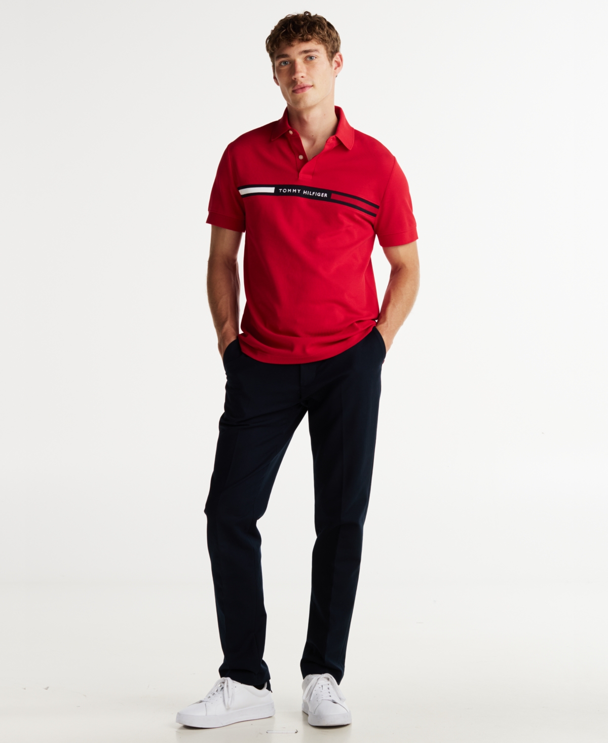 Shop Tommy Hilfiger Men's Short Sleeve Embroidered Chest Stripe Polo Shirt In Medium Red